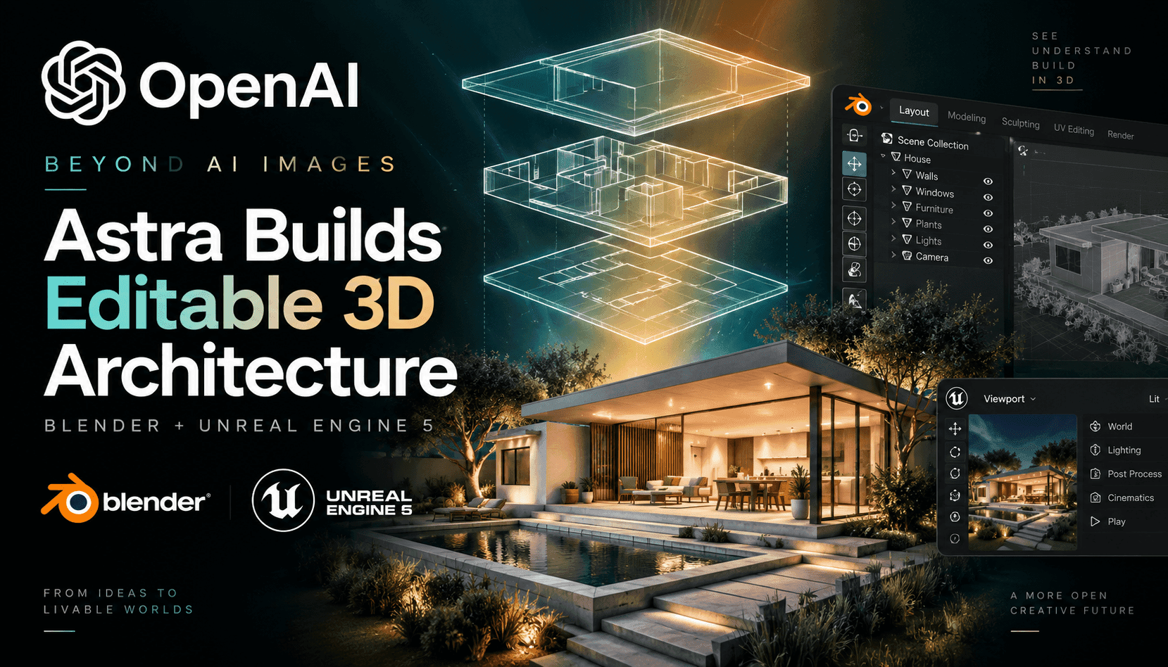 AI 이미지 그 이상: OpenAI Astra가 Blender와 Unreal Engine 5용 편집 가능한 3D 건축을 구축하다