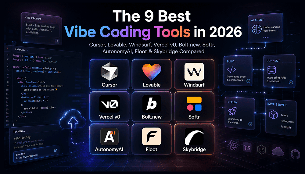 Die 9 besten Vibe-Coding-Tools im Jahr 2026 – Cursor, Lovable, Windsurf, v0, Bolt.new, Softr, AutonomyAI, Floot, Skybridge