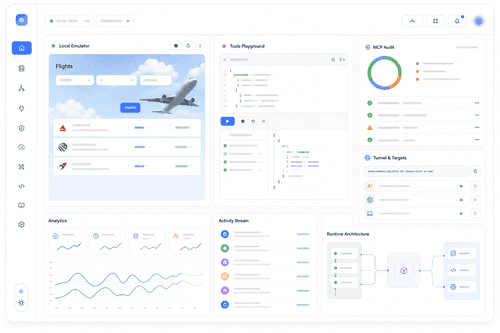 Skybridge DevTools zeigen einen lokalen Emulator mit einem Flug-Widget, Tool-Playground-Ausgabe, Audit-Prüfungen zur MCP-Konformität und eine öffentliche Tunnel-URL für Claude, ChatGPT und lokale Hosts.