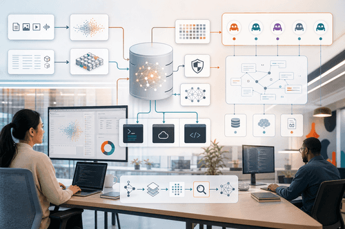 Konsolenansicht mit einem Embedding-Index, Ergebnissen einer Vektorabfrage und einem Agenten-Orchestrierungsbereich, der mit einem produktiven Exadata-Cluster verbunden ist.