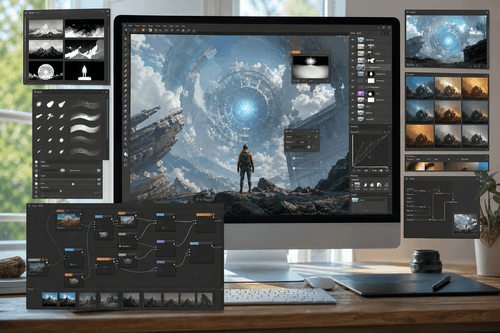 Compositor's interface shows a multi-layer canvas with masks, blend-mode controls, and a right-hand properties panel for adjustments and filter parameters.