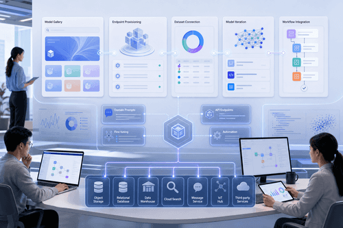 Arquitectura escalonada de Pangu con capas L0–L2, selección de modelos en ModelArts Studio y endpoints de inferencia desplegados que impulsan aplicaciones bancarias, percepción urbana y meteorología mediante integraciones gestionadas y pipelines de datos gobernados.