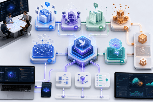 Diagrama de arquitectura que muestra Kolibri implementado tras los controles empresariales, con repositorios privados de conocimiento, una capa de recuperación, una puerta de enlace de API y herramientas de supervisión del rendimiento y el cumplimiento.