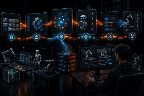 A realistic LeRobot architecture view would show robot hardware and teleoperation devices feeding synchronized video, state, and action data into LeRobotDataset, followed by PyTorch policy training, benchmark evaluation, and publishing to the Hugging Face Hub.