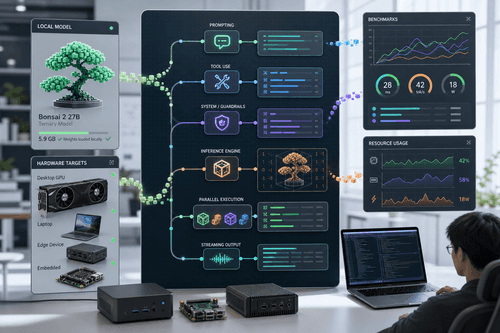 Architecture diagram showing Bonsai 2 27B ternary weights loaded locally, tool-use connectors, multimodal inputs, and benchmark panels comparing tokens-per-second and mWh per token across consumer GPU and edge targets.