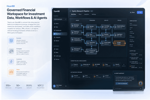 A financial workspace showing connected market data, portfolio analytics, governed dashboards, and an AI agent working beside investment analysts.