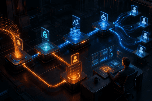A realistic Cognitum interface would show a web-based intelligence workspace with user prompts, structured analytical outputs, decision notes, and privacy-aware measurement running behind a modern React application shell.