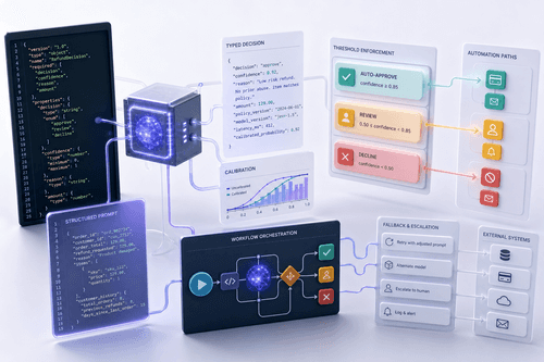 Sơ đồ dịch vụ: khách hàng gửi một sơ đồ quyết định JSON đến Jev, nhận kết quả có kiểu kèm xác suất, sau đó kiểm soát hành động tự động hoặc xem xét của con người bằng các ngưỡng độ tin cậy có thể cấu hình trong lớp ứng dụng.