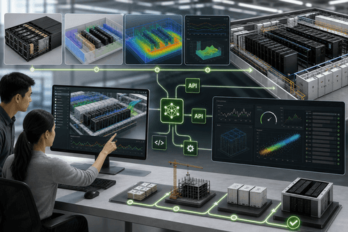 Un panel de gemelo digital de DSX superpone la energía a nivel de rack, los circuitos de refrigeración y la ubicación de las cargas de trabajo en una vista simulada de las instalaciones, para validar el rendimiento e identificar cuellos de botella antes de la construcción.