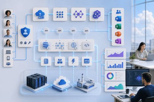 A hybrid architecture diagram showing Azure services, Copilot integration with Microsoft 365 apps, identity boundaries, and data governance controls across cloud and edge devices.