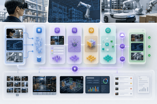 Interface showing synchronized multi-camera frames, per-object confidence scores, and a video timeline with clipped incidents and automated shift-report annotations.