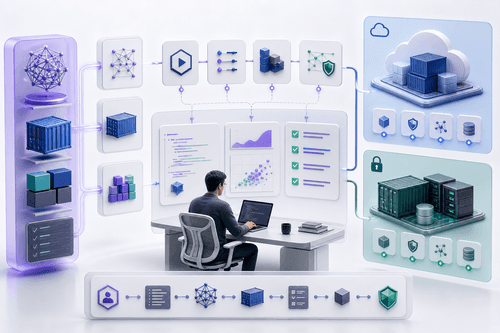 A minimal architecture view showing a containerized open-weight model (Beam), evaluation suites, an API gateway, and private-cloud or on-prem deployment targets for controlled inference and testing.