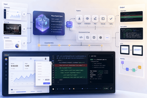 A developer interface showing a screenshot input, model commentary channel, generated code diff, and an execution log for visual-reasoning-driven fixes.