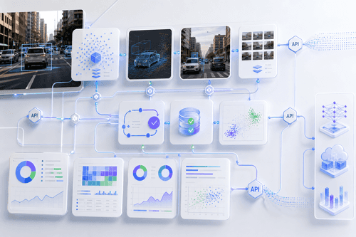 Diagrama de un proceso de producción: recopilación de datos a escala urbana, ingesta segura, anotación y revisión humana, evaluación del modelo y ciclos de retroalimentación del despliegue, con controles empresariales integrados.