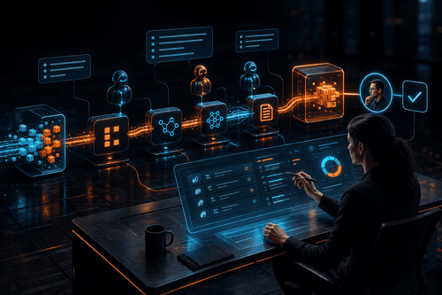 A realistic AppFlowy interface would show a project workspace with a document editor, database table, task cards, AI assistant panel, and model selection controls across desktop and mobile views.