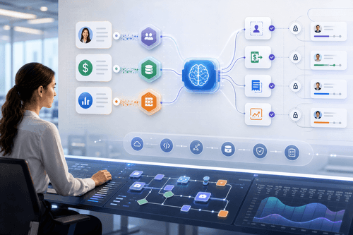 Dashboard shows agent activity, recent payroll runs, anomaly alerts and linked Data Cloud visualisations for forecasts and headcount scenarios in a single multi-pane interface.