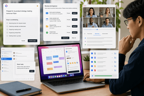 La app para macOS muestra elementos prioritarios de correo y calendario, presenta los próximos pasos propuestos y solicita aprobación, con acciones rápidas para actualizar Linear, Jira y Notion y organizar archivos directamente desde un espacio de trabajo enfocado y libre de distracciones.