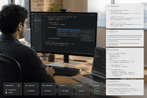 Diagram shows an IDE extension calling a Muse Code endpoint with file context; the service returns ranked suggestions and diffs, which developers review, edit, test, and commit through normal workflows.