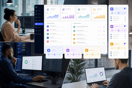 Dashboard view showing a consolidated vault, token inventory, and a runtime credential issuance log for human and agent activity across cloud services.