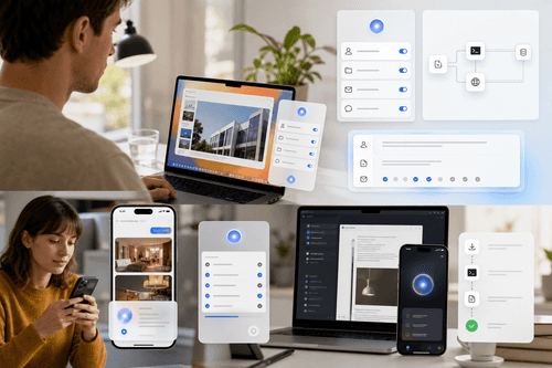 Eney’s compact side panel shows contextual suggestions, a short activity timeline, and one-tap actions for cross-app workflows on macOS.