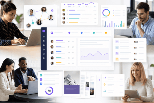 A shared digital room shows timeline, stakeholder map, tasks, file library, forms, and e‑signature. REX suggests next steps while CRM fields sync automatically in a right‑hand sidebar and activity feed.