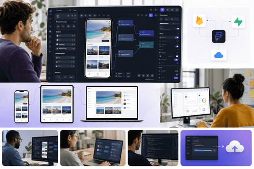 A FlutterFlow canvas with a widget tree, properties panel, and Action Flow Editor, paired with a live device preview and theming controls, integrating REST responses with Firebase data across responsive breakpoints.