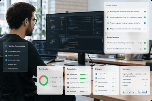 A Devin session showing a file tree, code editor, and integrated terminal running tests, alongside a task plan and a generated pull request summary with diffs and validation steps.