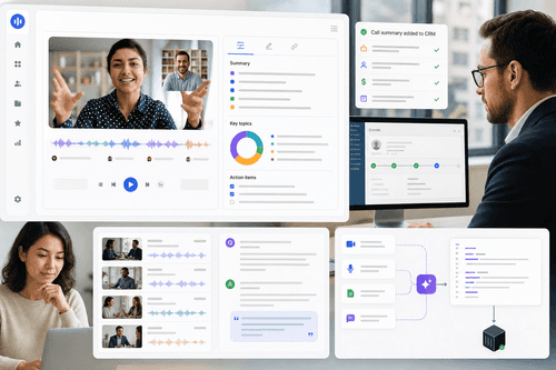 A unified meeting timeline displays speaker‑labelled transcript, inline notes, flags, clips, and action items, with one‑click export controls for Claude, ChatGPT, CRM sync, and citations for library‑wide answers.