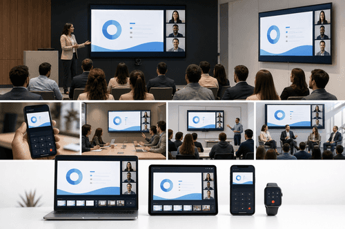 Producer dashboard showing synchronized presenter notes, active slide, and next slide views, with link-based access for remote speakers and a separate audience output mirrored to projectors and overflow rooms.