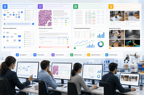 Architecture view showing Realm environments generating expert trajectories, micro1 pipelines curating datasets, and Cortex dashboards scoring agent reasoning across domains, with a robotics module delivering high-fidelity sequences for embodied training and validation.