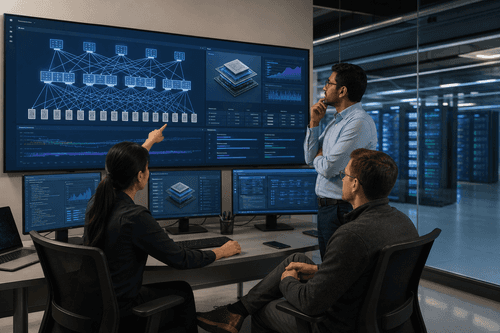 Reference AI data center architecture: 102.4 Tbps spine switches connect leaf tiers via coherent optics, with DPUs offloading security and storage, and CXL fabrics enabling pooled memory across accelerator racks.