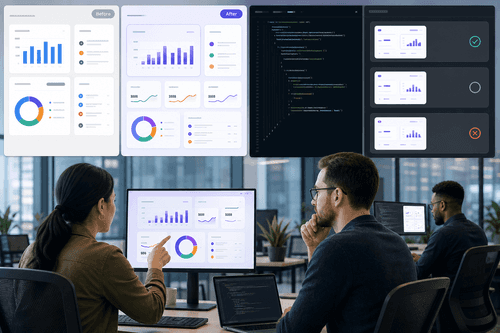 Agent thread, live preview, and a DOM picker propose variants while detector findings stream inline, then accepted changes write to source as commits that preserve tokens, components, and documented brand rules.