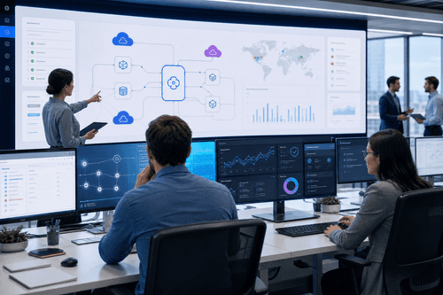 Visão do console mostrando serviços em clusters, conexões de dados governadas, controles de políticas e painéis de monitoramento, com pipelines CI/CD promovendo cargas de trabalho de IA do desenvolvimento à produção em um fluxo de trabalho consistente e auditável.