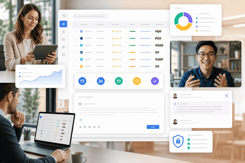 Agent workspace showing prioritized target accounts, a versioned customer timeline with cited call excerpts, and a meeting prep panel alongside agent actions for updates, enrichment, and personalized outreach across email and LinkedIn.