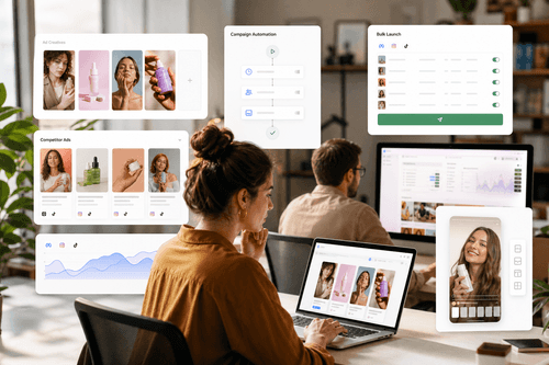 Zeely’s workspace combines a model picker, creative variants grid, brand controls, and a performance panel showing CTR, CPA, ROAS, and fatigue alerts, with one-click publishing into structured Meta campaign templates.