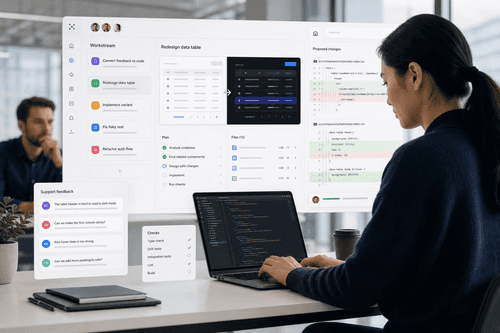 Fei Studio shows a task plan, visual variant preview, and generated diffs side-by-side, with a ready-to-merge PR and linked spec, aligned to the repository’s components and design system.