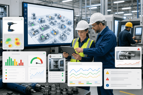 Unified production dashboard showing workcenter status lights, live rate versus standard, queued jobs with digital instructions, program delivery confirmations, quality alerts, and RFID-located assets, combining ERP, machine, and floor events into one orchestrated view.