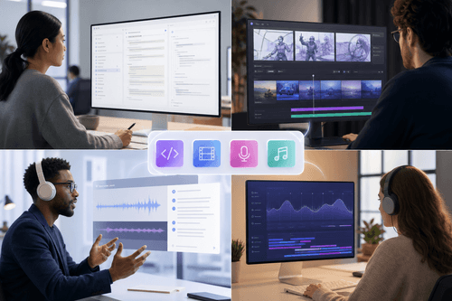 MiniMax Code shows a coding chat with repository context, an agent team sidebar, evaluation results, and run logs, while Hub synchronizes chats, memories, and schedules across projects through the same account.