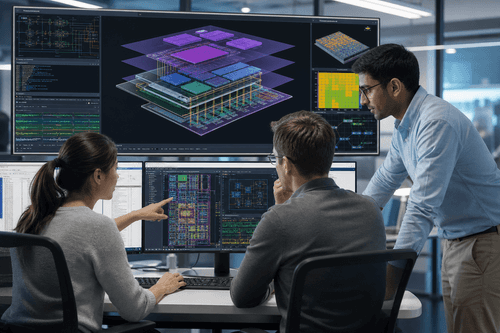 End-to-end flow shows architecture, RTL, verification, physical implementation, and signoff connected to lifecycle analytics, with AI optimization and multiphysics checks spanning multi-die integration and system-level digital twins.