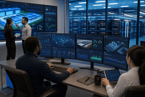Campus architecture with dedicated substation, high‑voltage interconnects, integrated generation block, redundant switchgear, liquid‑ready high‑density halls, fiber backhaul, and an operations dashboard tracking power, thermal, and capacity utilization in real time.