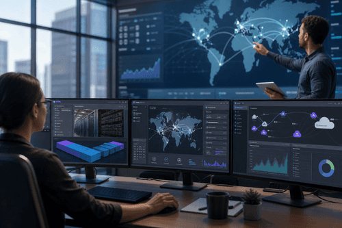 Reference architecture shows colocation racks, campus and metro interconnects, ServiceFabric links to major clouds, and exchanges enabling low-latency paths between GPU clusters, data platforms, and partners across regulated regions.