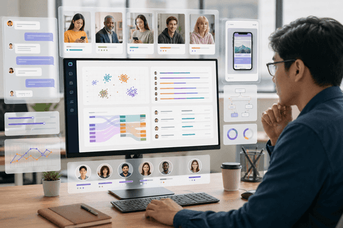 Population-scale dashboard showing persona filters, task scenarios, live telemetry streams, and evaluation reports for survey, chatbot, web, and app tasks, with exportable metrics and segment comparisons across key attributes.