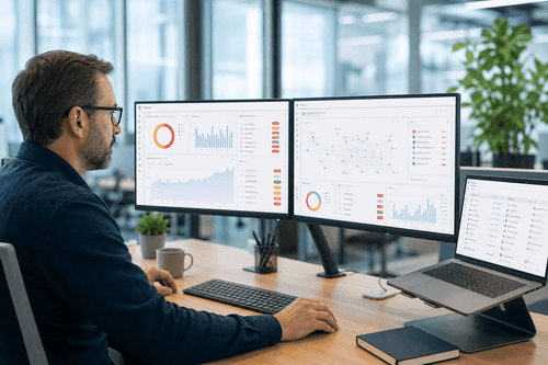 Console view showing live device and software inventory, policy definitions in natural language, and agent enforcement status with remediation actions, exceptions, and AI usage insights across people, devices, and applications.