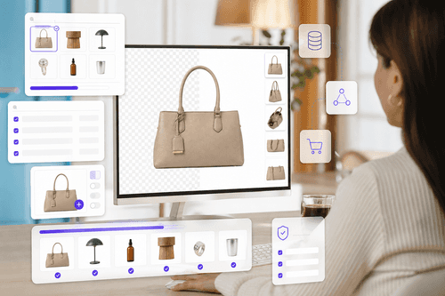 Photoroom's editor shows a product cutout on a template canvas with brand padding, logos, and background presets, alongside batch parameters and an API job preview ready to publish to Shopify.