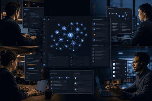 A workspace shows connected sources, entity and document counts, and a graph explorer. An agent query returns cited snippets and structured facts through the memory API under workspace permissions.