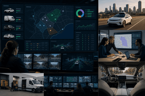 Architecture view showing perception, prediction, planning, and control modules, with hardware‑abstraction adapters, vehicle ECU interfaces, and cloud tooling for data triage, safety workflows, software releases, and multi‑city fleet operations.