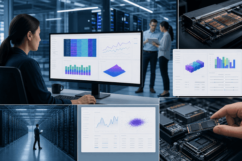 Le diagramme en blocs montre le HBM attaché au GPU, le DDR5 connecté au CPU et un niveau SSD NVMe PCIe Gen6, avec les outils de conception Micron vérifiant la puissance, le timing et la compatibilité lors de la mise en service et de la qualification.