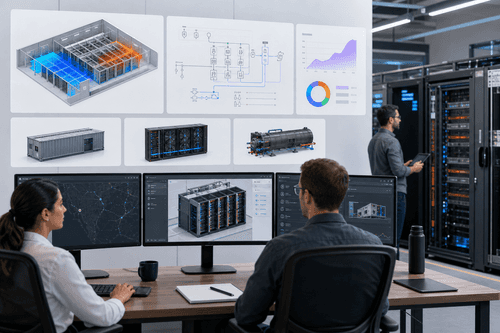 AI pod layout showing liquid-cooled racks on busway, redundant UPS upstream, and heat-rejection plant, monitored via console and IP KVM for secure remote control and maintenance workflows.