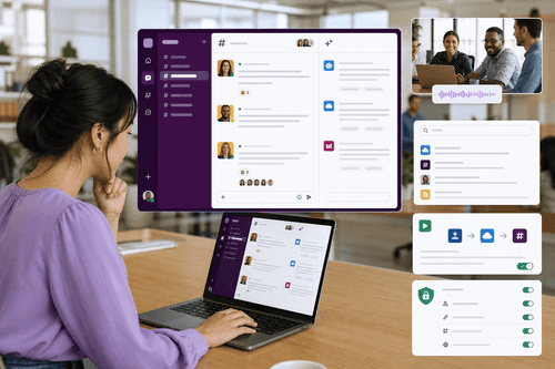 A Slack channel with Slackbot summaries, a Salesforce record preview, a child task list, and a workflow step posting approval status—all visible beside messages and files.
