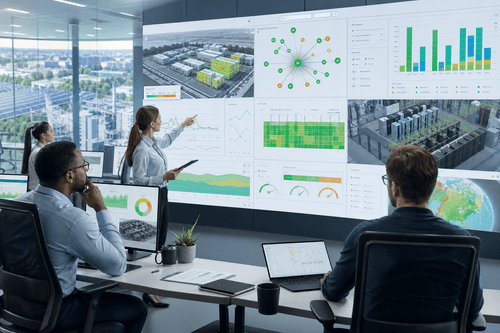 Unified dashboard showing power flows, cooling performance, compute capacity, alarms, AI recommendations, and sustainability KPIs across multiple sites with drill-downs from enterprise to facility to asset.